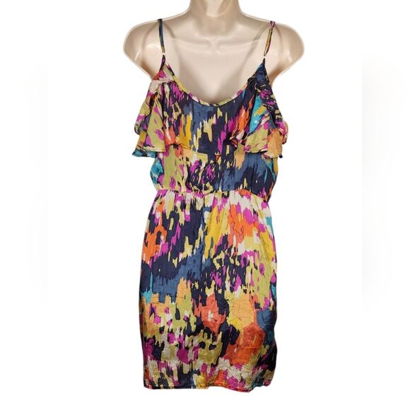 GLAM Silk Dress Short Sleeveless Ruffle Flowy Babydoll Tie Dye Pink Blue‎ Gold M - Picture 4 of 10